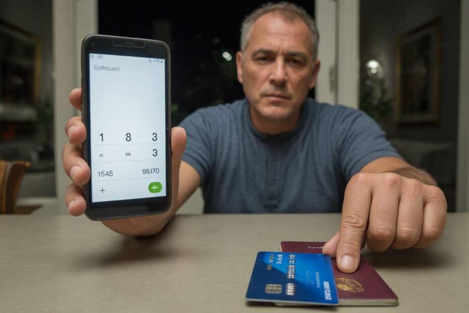 Homem compara taxas no celular com cartão e passaporte