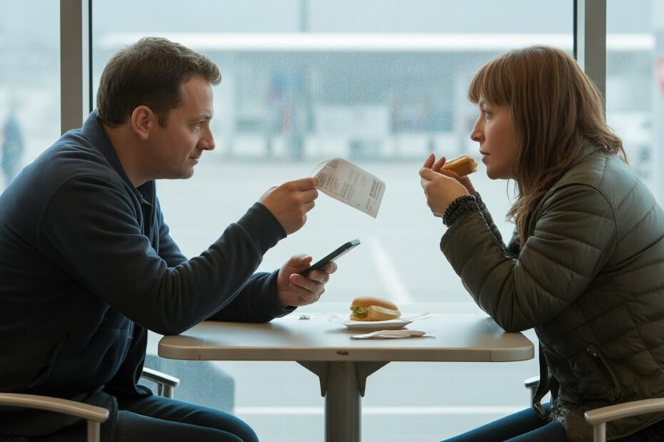 Casal em mesa do aeroporto conferindo recibo e celular