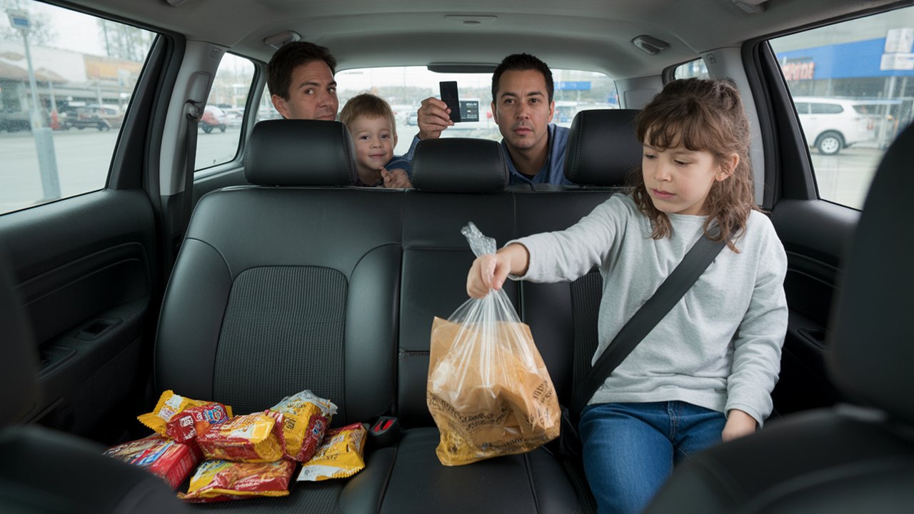 Família no carro com embalagens e responsável segurando cartão