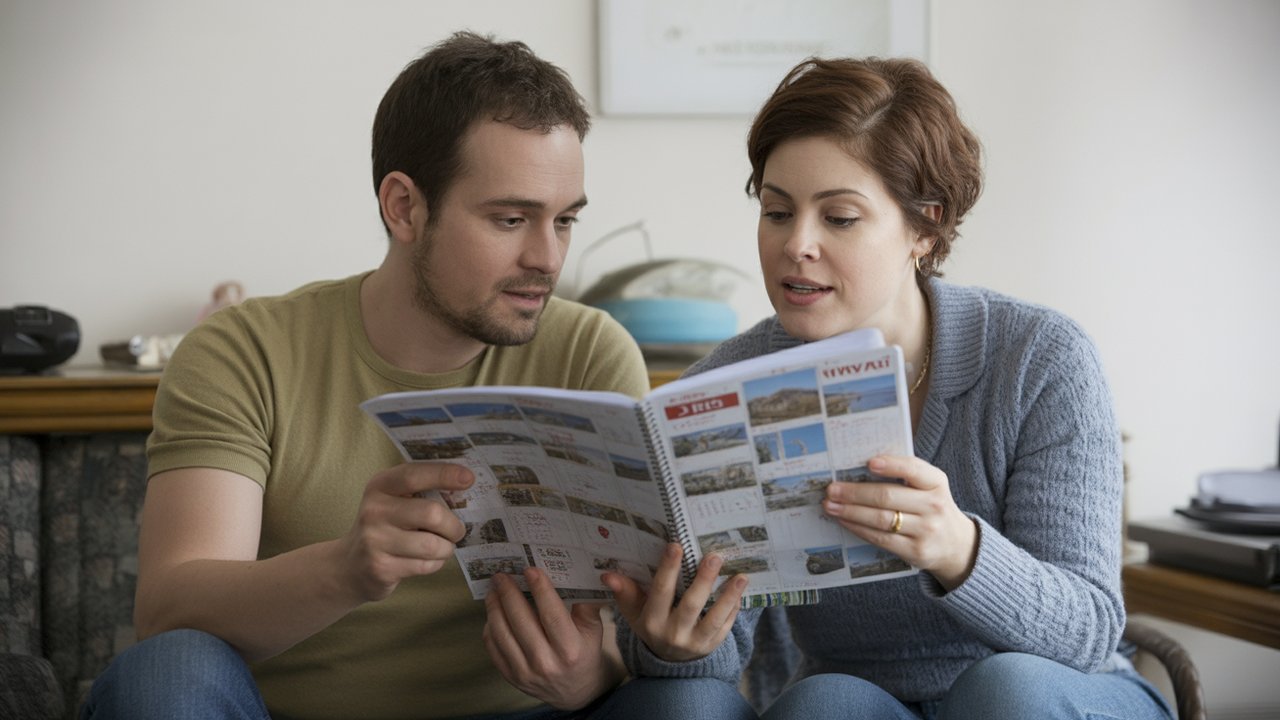 casal revisando anotações confusas sobre viagens