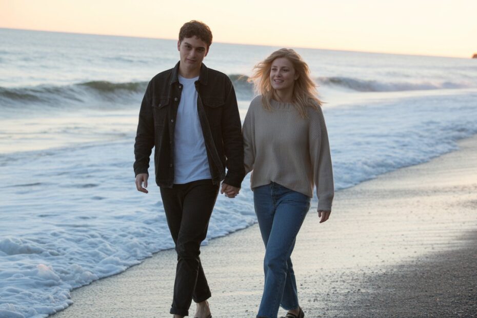 casal jovem caminhando em uma praia vazia ao pôr do sol
