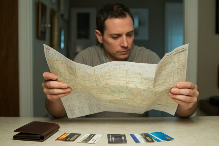 homem compara rotas em mapa dobrado com cartões